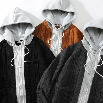 men hooded knitted cardigan sweater coat autumn winter fake two piece hooded drawstring jacket unisex streetwear minimalist street pants