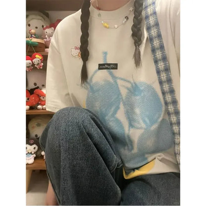 Summer Korean Street Printed Short-sleeved T Shirt Fashionable Women Retro Hip-hop Y2K Personality Harajuku Loose Design Top Ins Street King Limited