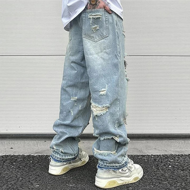 Hip Hop Washed Knee Hole Baggy Wide Leg Casual Jeans for Men Y2K Ripped Loose Distressed Denim Trousers Oversized Cargo Pants Street King Limited