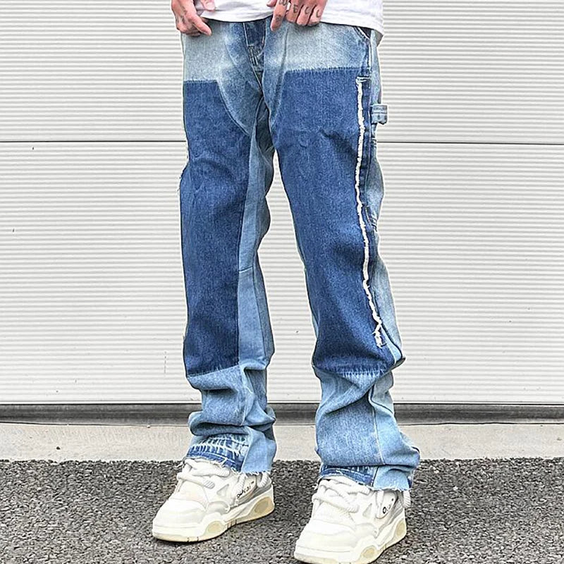 high street patchwork ripped black jeans pants for men straight retro casual sashes pockets denim trousers oversized loose jean ripped baggy denim