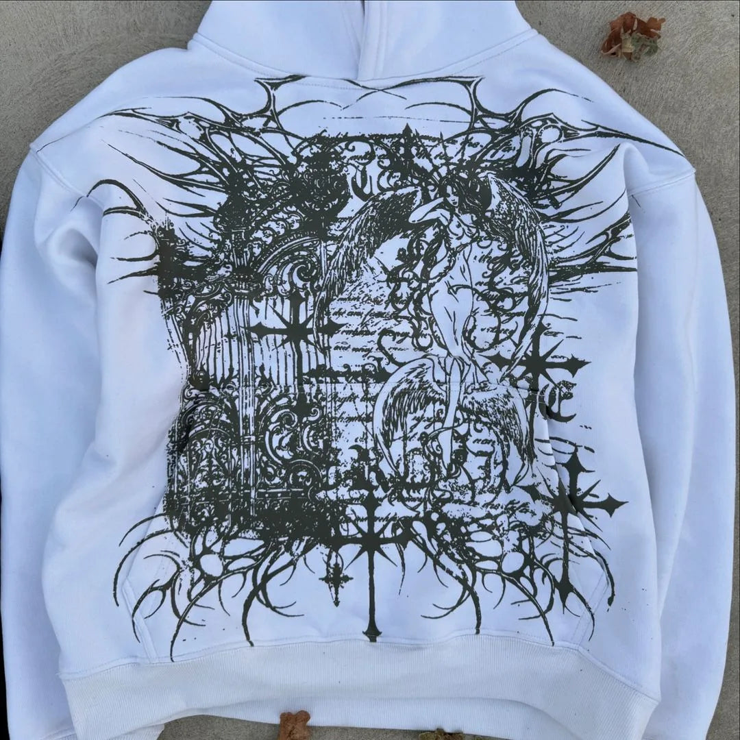Y2k Long Sleeved Pullover Oversized Sweatshirt Dark Cartoon Hip-Hop Pattern Hoodie Streetwear Fashion Fall Winter Outfit Ootd Street King Limited