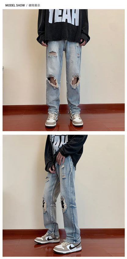 bottom zipper destroyed washed jeans skinny jeans ripped holes trousers men biker jeans fashion streetwear hip hop pants joggers unique joggers style 2009
