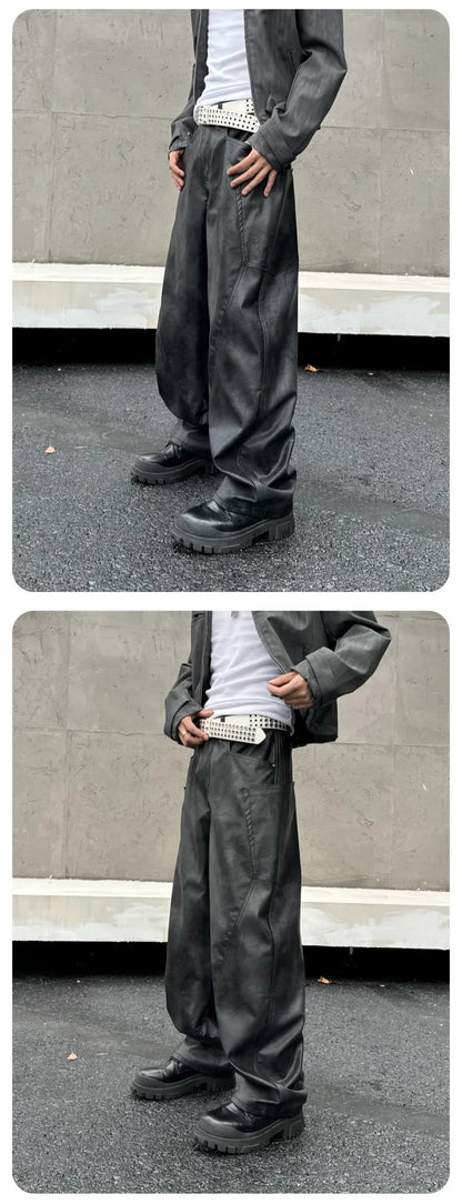 men brand fashion splice pocket loose casual wide leg leather baggy pant cityboy streetwear cargo motorcycle pants trousers unique cargo style 2426