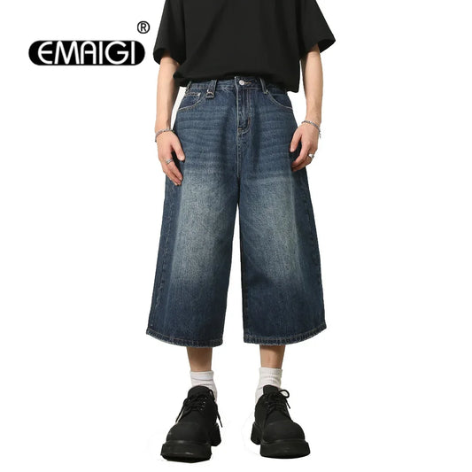 men summer streetwear fashion loose casual wide leg denim calf length jeans pants male vintage jeans baggy hosen pants ripped baggy denim