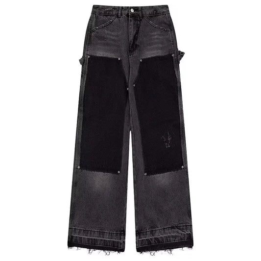 Vintage High Street Jeans Men Women Distressed Patch Design Wide Leg Pants American Style Straight Baggy Korean Trousers Spring Street King Limited