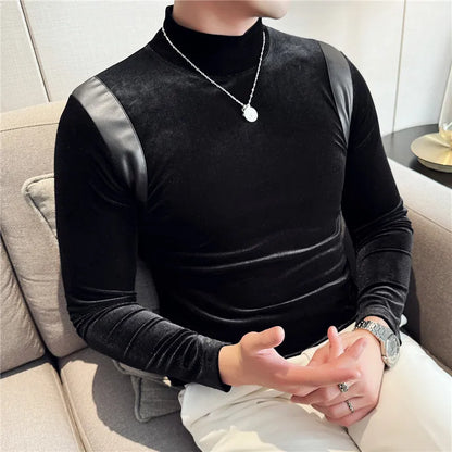 Turtleneck Stretch Slim-fit T-shirt Men Long Sleeve Thicken Elastic Velvet Retro Fashion Casual Tshirt Handsome Man T Shirts Street King Limited