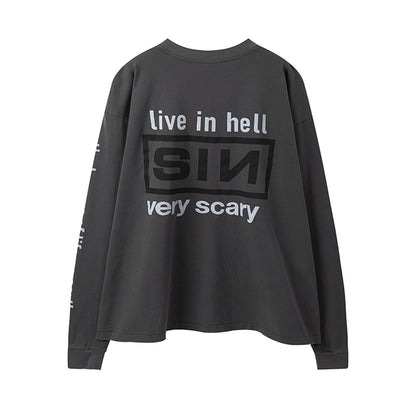 Summer Retro Vintage SIN Print High-Street Distressed Worn Cotton Casual Loose Long Sleeve T-Shirt Pullover Street King Limited