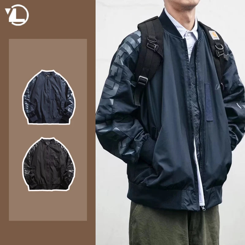japanese trendy charge jacket mens american pilot windproof tooling coats thin loose letter printed unisex baseball jersey minimalist street pants