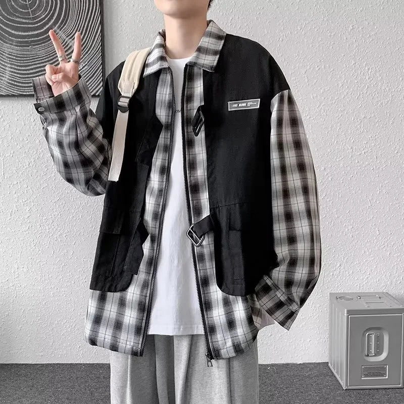 Streetwear New Fake Two Piece Zip Plaid Cargo Shirts Mens Japanese Streetwear Fas 2024 New Fake Two Piece Zip Plaid Cargo Shirts Mens Japanese Streetwear Fashion Social Shirt Autumn Long Sleeve Baggy Y2K Shirt Fashion Sweater Jacket With Graphic Design For Men