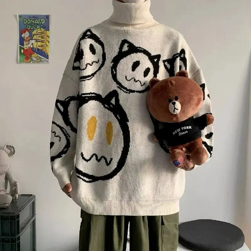 Korean literature art turtleneck sweater men autumn winter lazy style knitted sweater cartoon devil print wool clothes pullovers Street King Limited