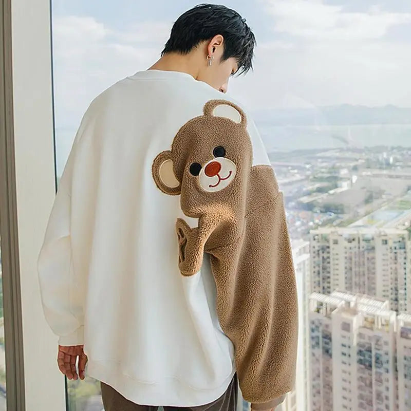 Long-sleeved Round Neck Sweater Lamb Hair Embroidery Flocking Sweater Loose Warm Winter Men's Bear Street King Limited