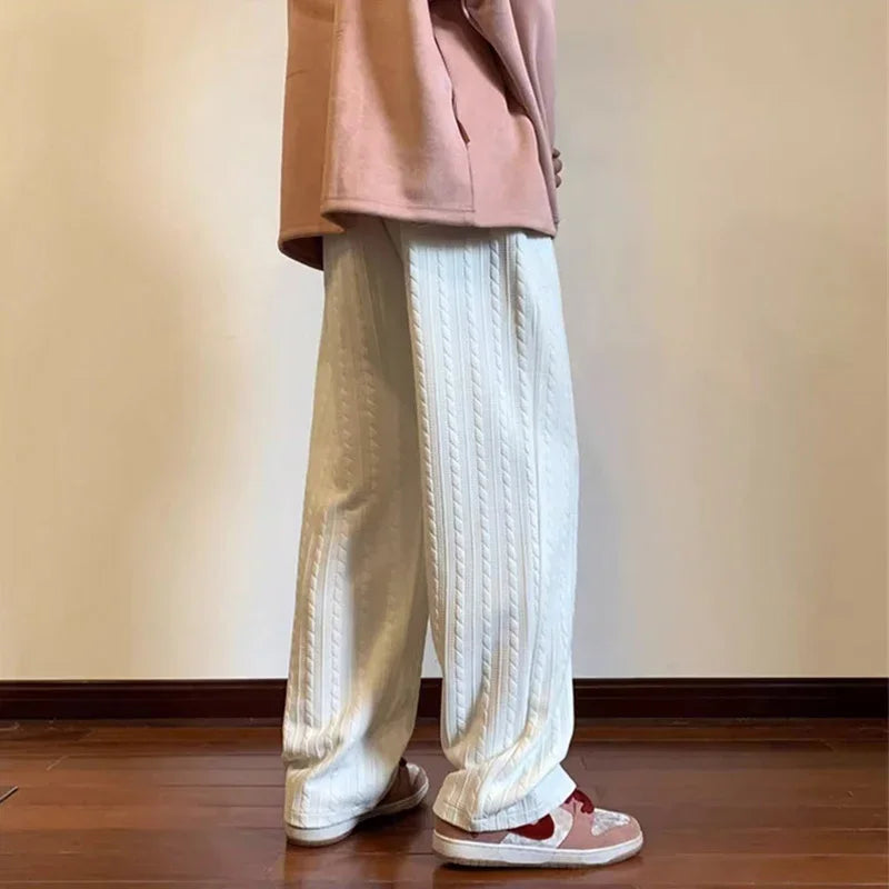 autumn waffle foam striped design pants for men new high street wide leg straight trousers casual y2k vintage pantalones hombre relaxed fit trousers
