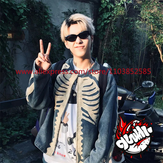 vintage mens long sleeved denim jacket high street oversized washed bone embedding tops clothing autumn winter 2024 heavyweight vintage washed jeans