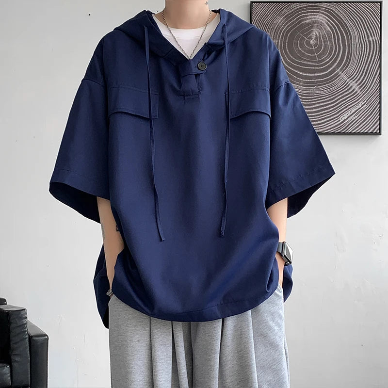 5 Colors Summer Hooded T shirt Men Korean Half Sleeve Pullover Streetwear Loose T-shirt Tops Drawstring Men Clothing Street King Limited