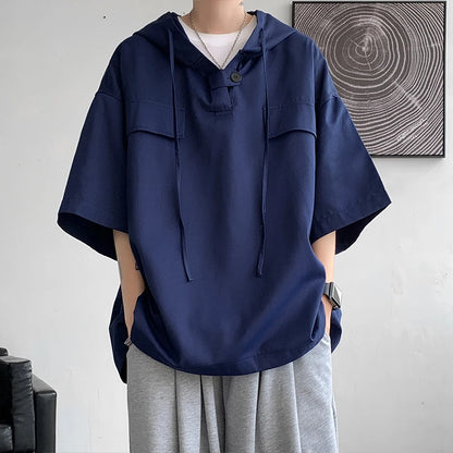5 Colors Summer Hooded T shirt Men Korean Half Sleeve Pullover Streetwear Loose T-shirt Tops Drawstring Men Clothing Street King Limited