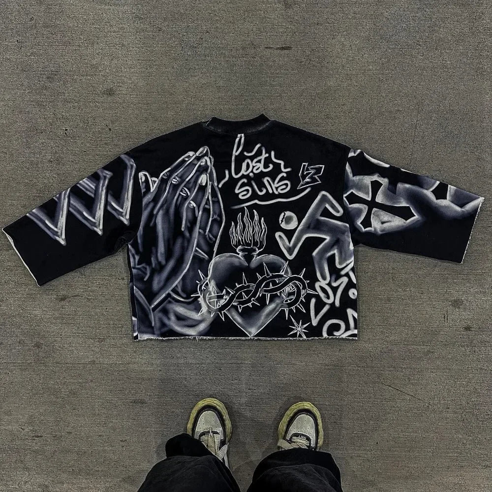 Retro Y2k New Hip Hop Punk Graffiti Design Pattern Printed T Shirt Mens and Womens Harajuku Gothic Oversized Short Sleeved Tops Street King Limited