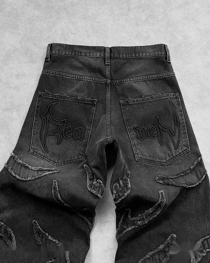 hip hop y2k retro black baggy jeans for men punk raw edge embroidery jeans vintage pattern patchwork high waisted denim pants vintage washed jeans