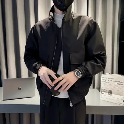 autumn solid color cargo jackets for men new korean fashion zipper cardigan coats stand collar streetwear bomber jacket hombre baggy cargo bottoms