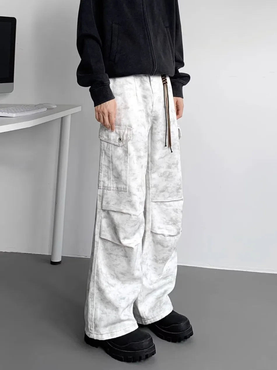 American Tie Dye Cargo Pants Mens Autumn Vintage High Street Straight Leg Trousers Casual Multi Pocket Loose Overalls Male Street King Limited
