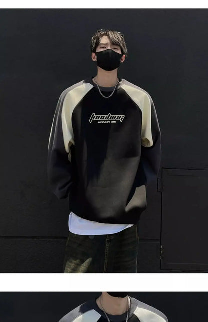 Trendy Personality Korean Motorcycle Style Round Neck Sweatshirt Men 2024 Spring Autumn Niche Contrasting Color Pullover Hot Top Street King Limited