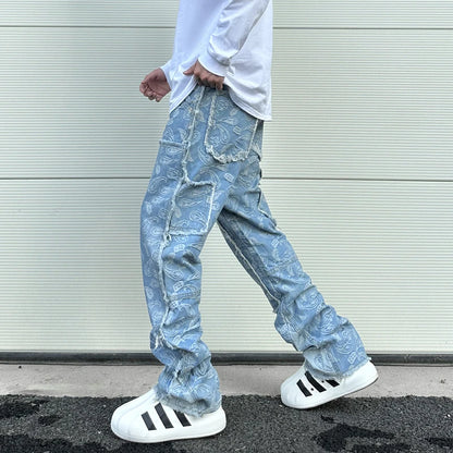 vintage high street washed light blue flared jeans cashew flower jacquard pattern rough edge jeans pants for men and women unique jeans style 915