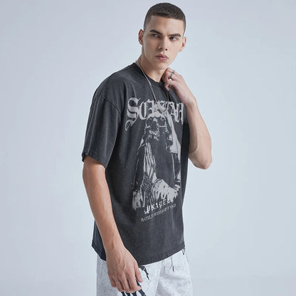 Rainbowtouches Washed Unisex T Shirt Casual Men Fashionable Printed Vintage Hip Hop Cotton Comfortable Popular Black Street King Limited