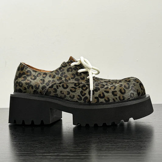Men Leopard Genuine Leather Streetwear Fashion Casual Retro Derby Shoes Cityboy Cow Leather Height Increasing Shoes Loafers Man Street King Limited