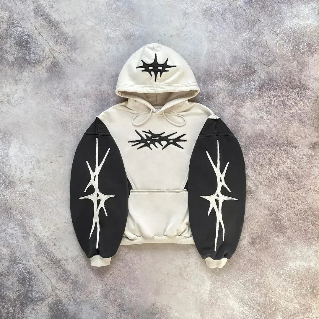 Y2k Patch Design Loose Zip Hoodies for men Geometric Pattern Splicing Sweatshirt Gothic Streetwear Oversized Casual Men Clothing Street King Limited