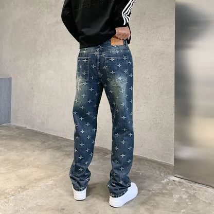 autumn winter new trendy brand jacquard jeans men high street hiphop casual fashion loose denim jeans pants boyfriend trousers unique jeans style 2834