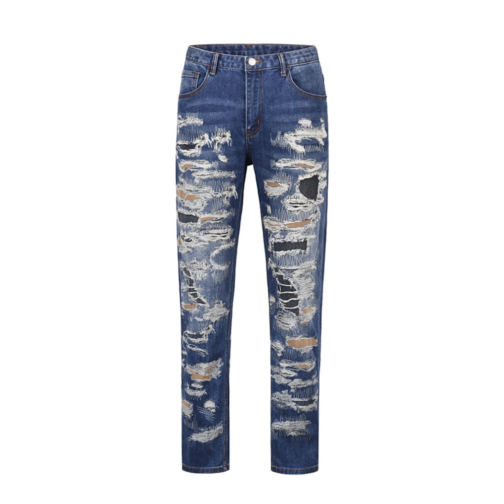 harajuku cut hole ripped patchwork blue jeans for men straight retro streetwear casual denim pants oversized loose trousers vintage washed jeans