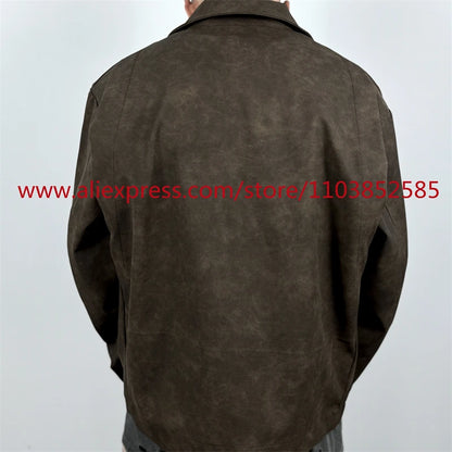 autumn and winter vintage long sleeved leather jacket american heavy duty motorcycle high street short style distressed lapel relaxed fit shorts