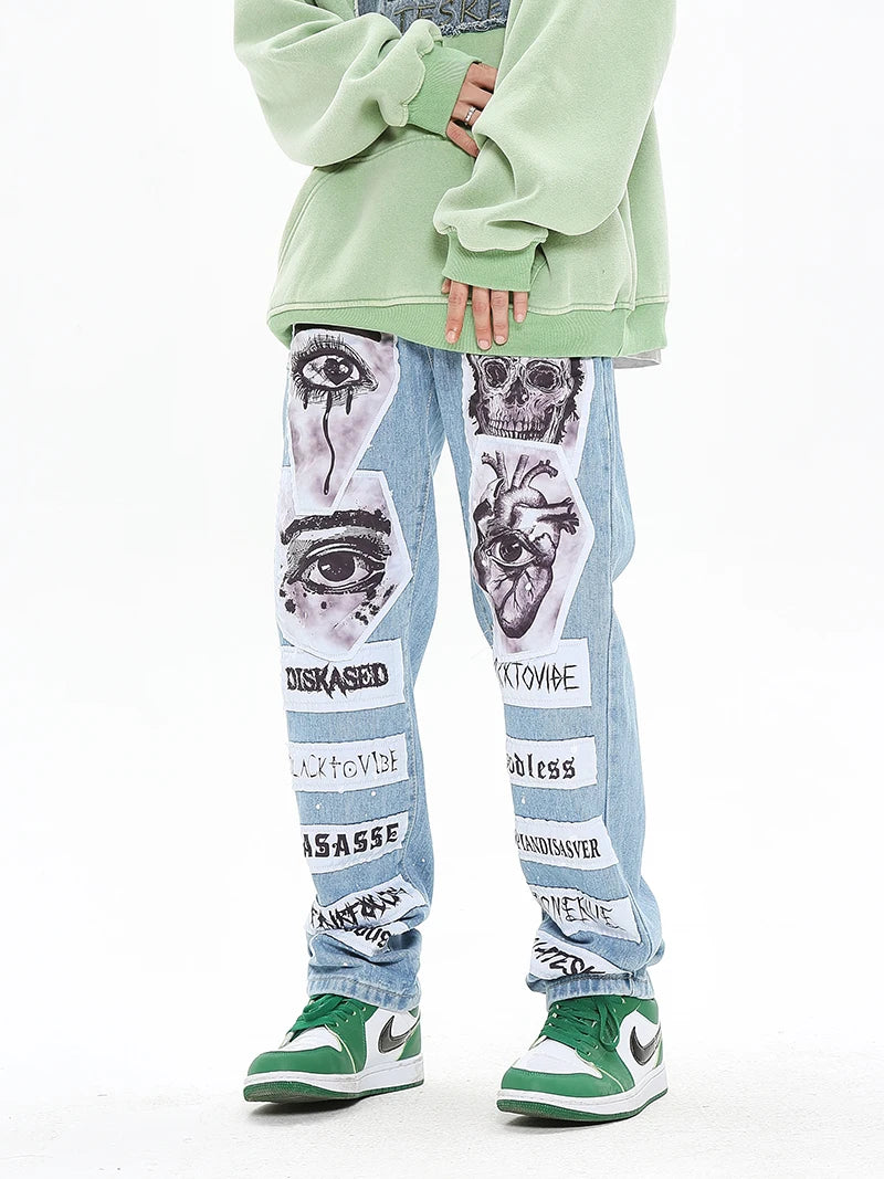 fashion skull graffiti patchwork denim jeans mens zipper jeans hip hop streetwear casual harajuku straight joggers jeans pants relaxed fit joggers