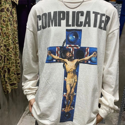 Summer 24ss Cross Print Brand Fashion Round Neck High-Street Round Neck Cotton Long Sleeve T Shirt Pullover Street King Limited