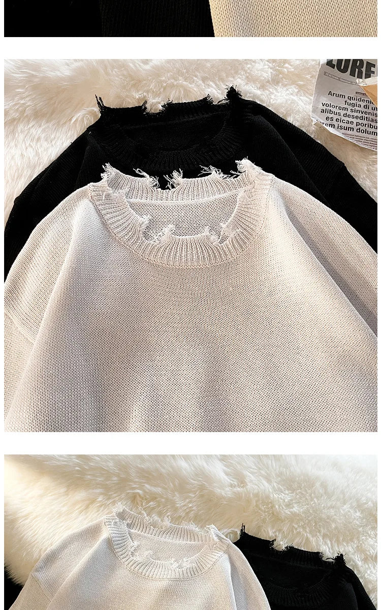Men White Pullover Sweaters Ripped Harajuku Chic Couple O-neck Knitwear Casual Minimalist Long Sleeve Jumpers Homme Handsome Top Street King Limited