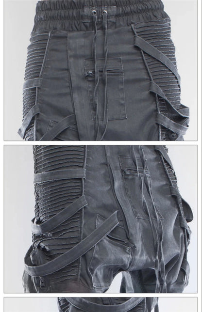 vintage motorcycle trousers joggers mens asymmetric straped pleated cross pants function elastic waist trousers unique joggers style 3596