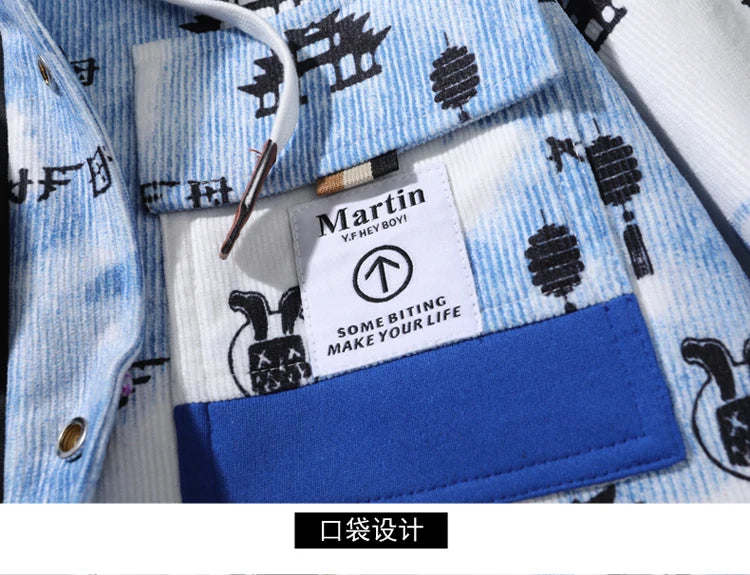full print jackets for men spring autumn new colour clash hooded coat chest pockets design y2k jackets large size hip hop unique default style 5869
