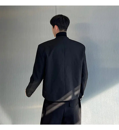 men double breasted drawstring collar loose casual fashion short jacket male korean streetwear vintage coat man unique shorts style 377