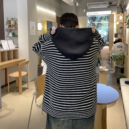 Y2K Striped hooded sweater for men and women autumn and winter American retro trend couple lazy loose and casual knitted top Street King Limited