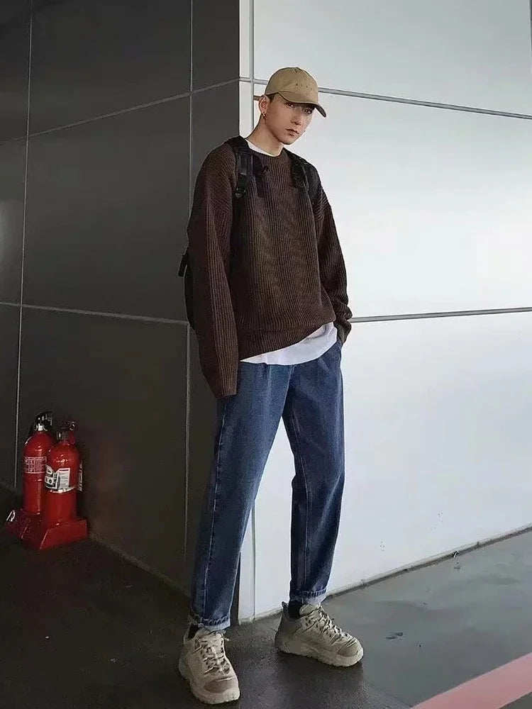 2023 Autumn Crew Neck Solid Color Pullover Sweaters For Men Casual Y2K Knitted Sweater High Street Fashion Jumpers Hombre Street King Limited
