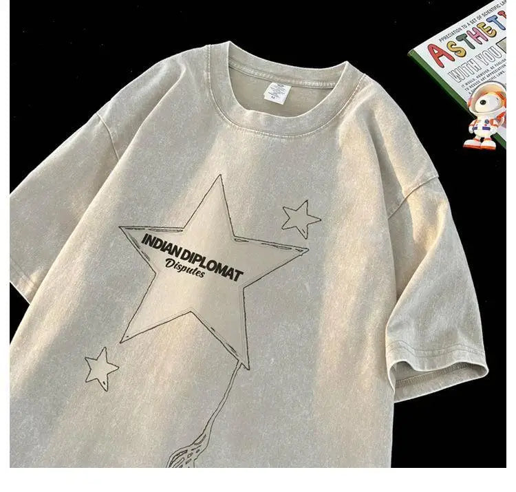 Five-pointed star American washed distressed short-sleeved T-shirt for men in summer loose heavyweight T-shirt trendy y2k tops Street King Limited