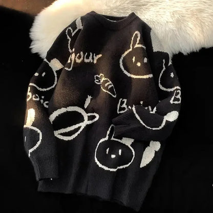Korean literature art turtleneck sweater men autumn winter lazy style knitted sweater cartoon devil print wool clothes pullovers Street King Limited