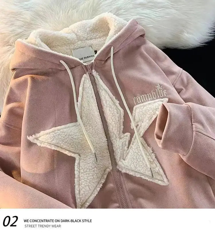 Star Hoodie American Style Retro Jackets Five Pointed Plush Thickened Lamb Wool Coat Women Autumn and Winter Loose Lazy Style Street King Limited
