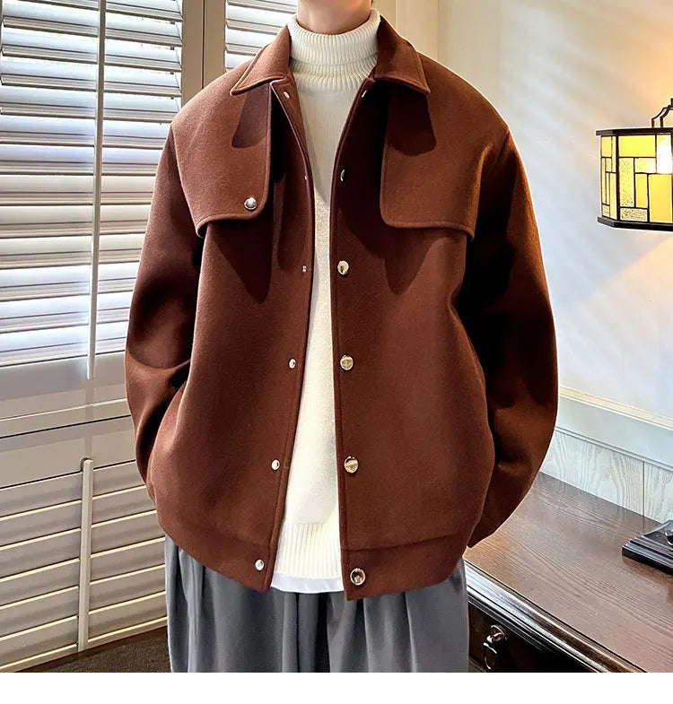 Winter Short Woolen Coat Men Warm Retro Thickened Woolen Jacket Men Streetwear Korean Loose Woolen Coat Mens Oversized Overcoat Street King Limited