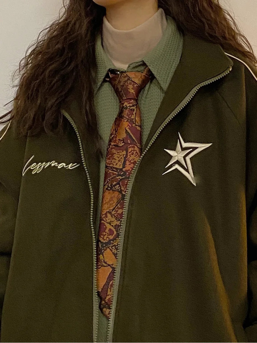 Autumn and winter new Korean star stand collar jacket y2k vintage loose embroidery plush thickened sportswear clothes women Street King Limited