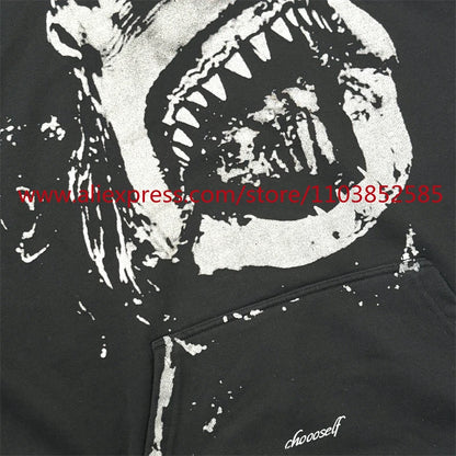 Autumn and Winter New Vintage Men's Hoodie Long Sleeve Hoodie American Heavy Weight Oversize High Street Jaws Cartoon Print Tops Street King Limited