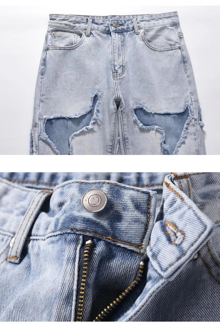 ripped irregular patchwork design denim jeans men casual zipper biker trousers jeans fashion streetwear hip hop pants joggers unique joggers style 2624