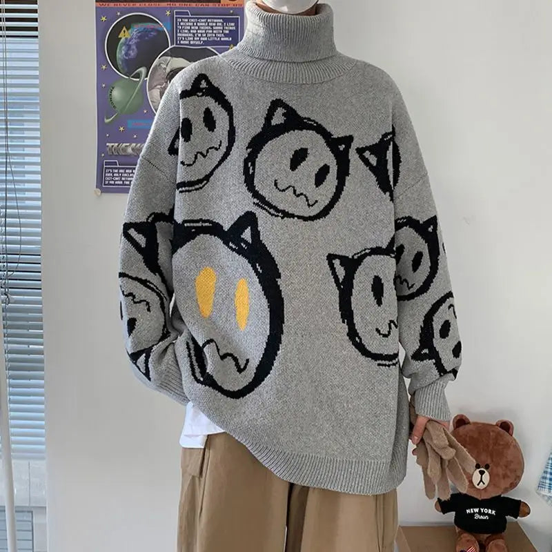 Korean literature art turtleneck sweater men autumn winter lazy style knitted sweater cartoon devil print wool clothes pullovers Street King Limited