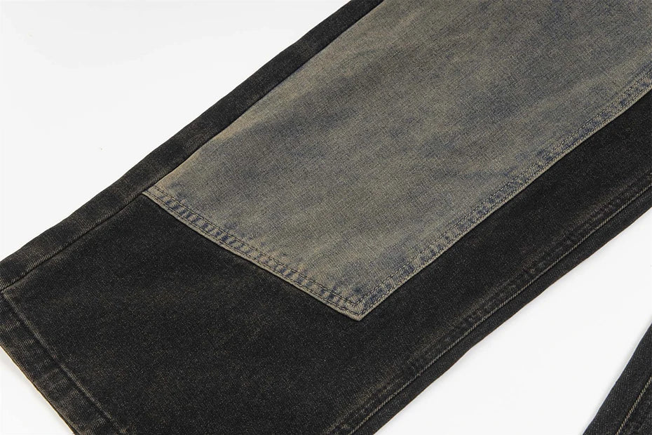 vintage black mens jeans patchwork hip hop baggy jeans man streetwear harajuku loose straight denim pants unique jeans style 4202