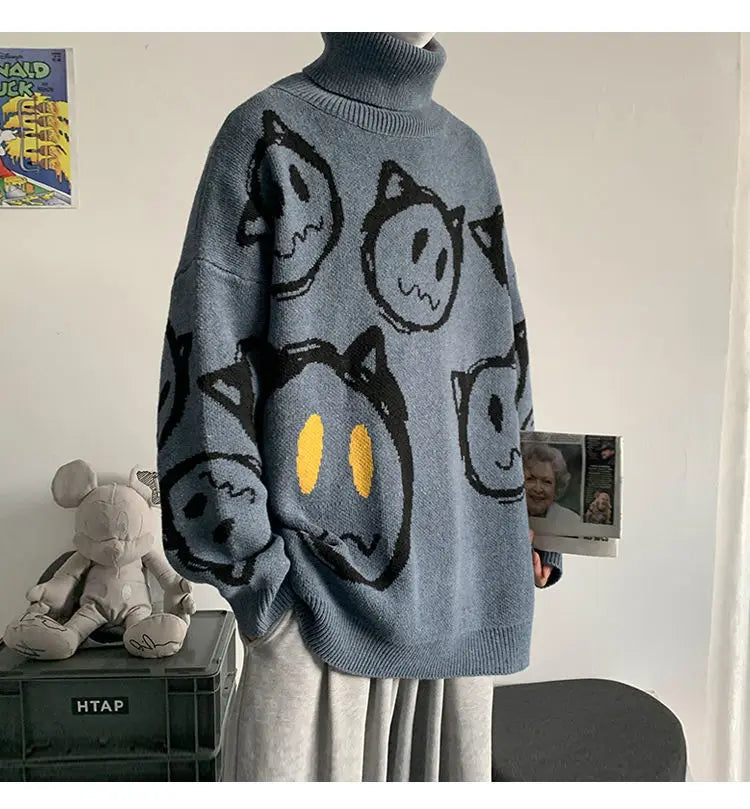 Korean literature art turtleneck sweater men autumn winter lazy style knitted sweater cartoon devil print wool clothes pullovers Street King Limited