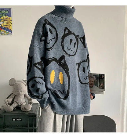 Korean literature art turtleneck sweater men autumn winter lazy style knitted sweater cartoon devil print wool clothes pullovers Street King Limited